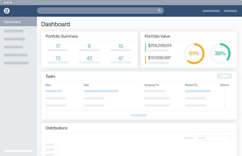 An animated screen shot of the AppFolio Investment Management Dashboard interface.